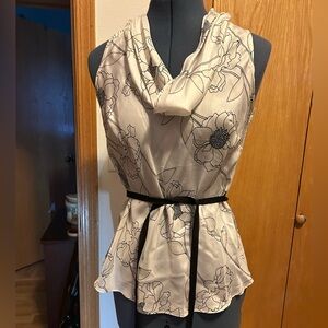 White House Black Market Beige Floral Cowl Neck sleeveless Blouse
